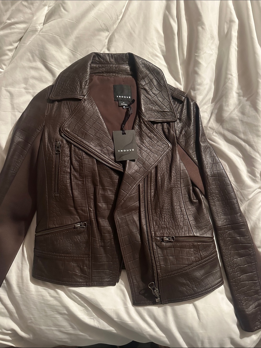 TROUVÉ 100% genuine leather Brown Croc-Embossed Leather Moto Jacket